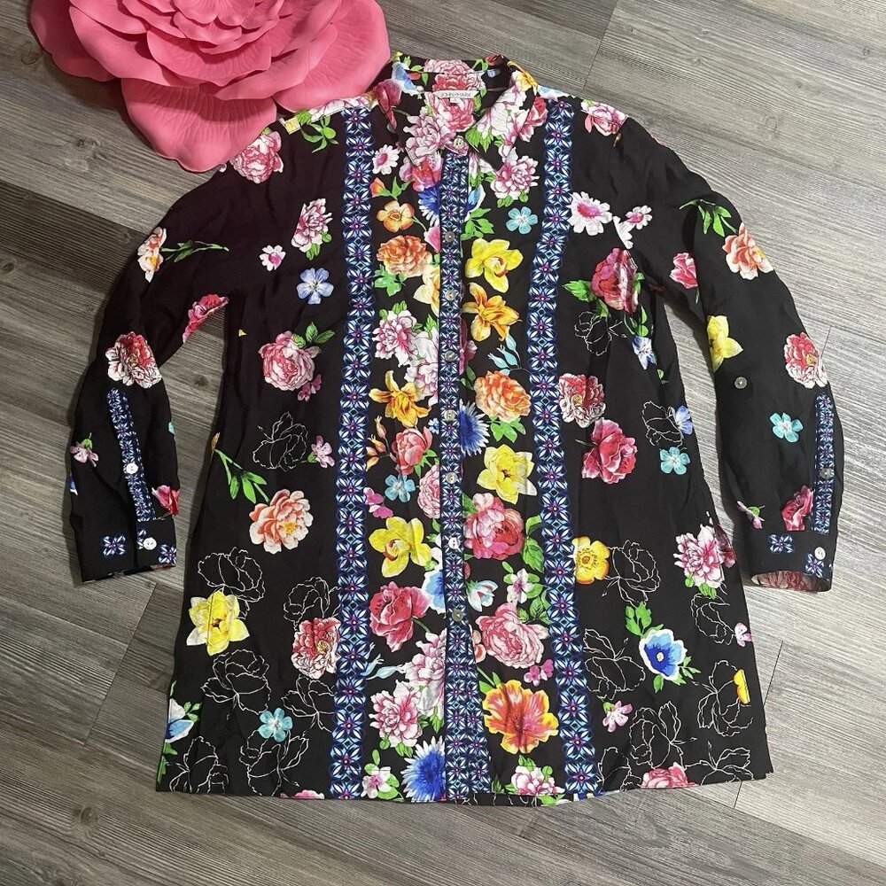 JOHN MARK Floral Tunic Shirt Sz S Crinkled Relaxed Side Slits Boho Art to Wear‎